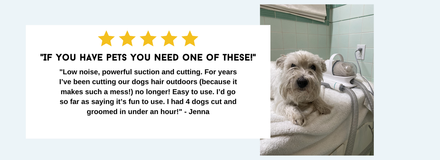 Low noise, powerful suction and cutting. For years I’ve been cutting our dogs hair outdoors (because it makes such a mess!) no longer! Easy to use. I’d go so far as saying it’s fun to use. I had 4 dogs cut and groomed in under an hour
